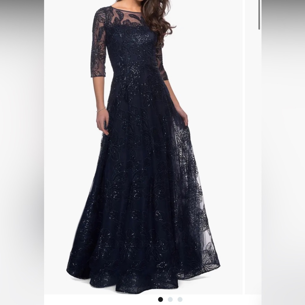 NWT La Femme 27942 Floral A-line Lace Sequin Gown with Sheer Scoop Neckline 6